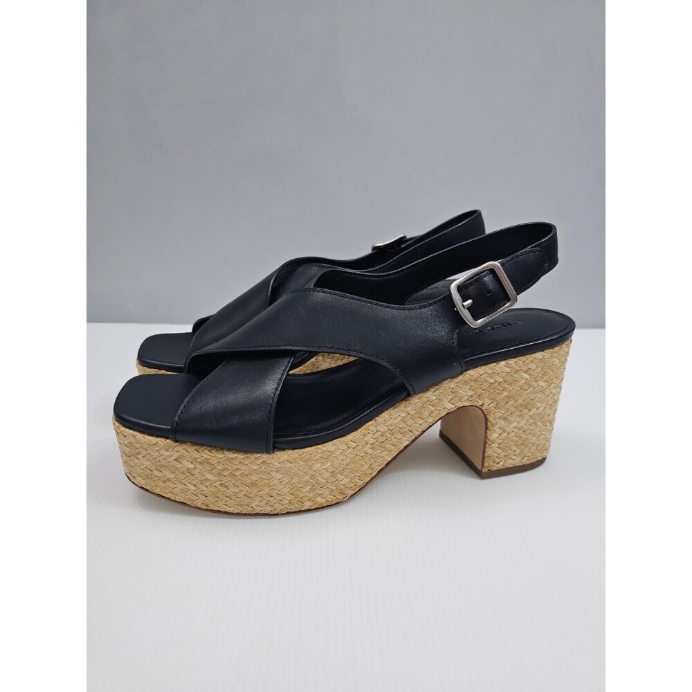 Vince Clementina Platform Sandal Womens 10 Black Leather Raffia Block Heel NEW